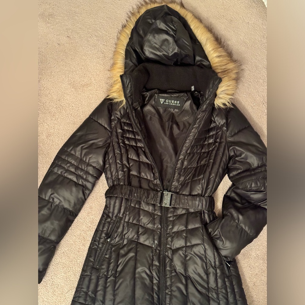 Girls Belted Knee Length GUESS winter coat with removable hood and belt
